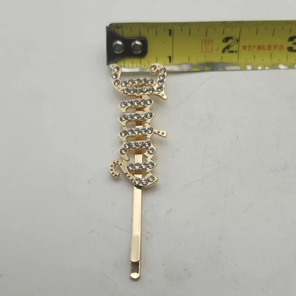 Juicy Rhinestone Hair Clip Gold Tone Gothic Script Barrette Bobby Pin Accessory